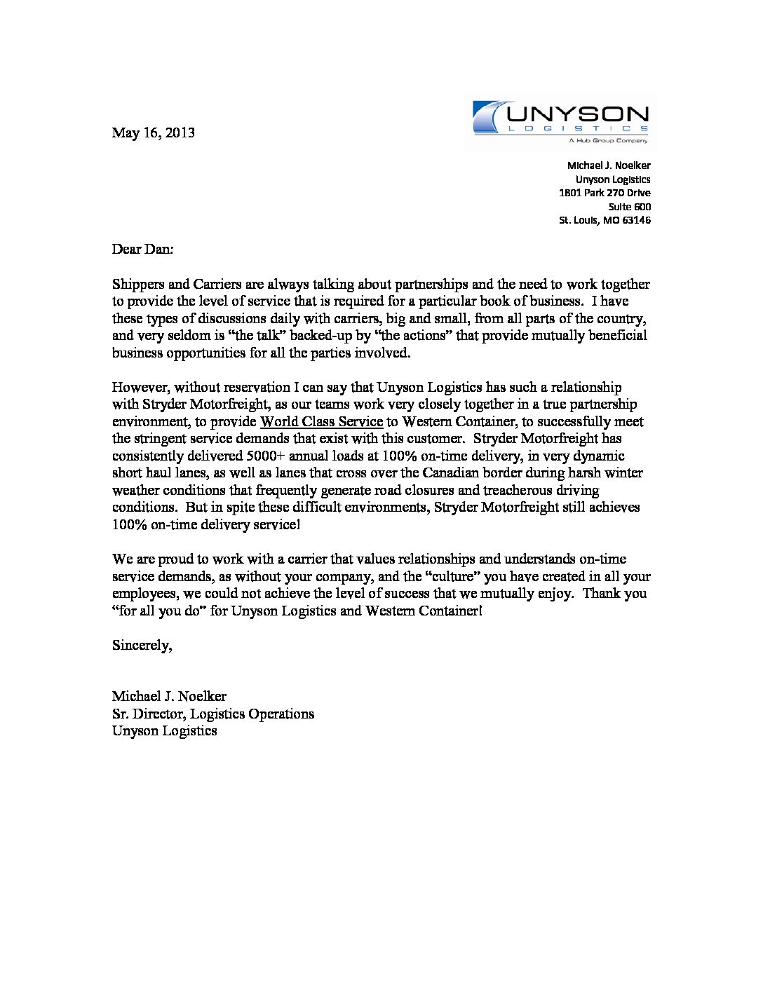 Stryder client Unyson Logistics' thank you letter for excellent service