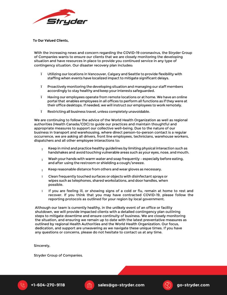 Stryder Times 6 Stryder Notice To Customers (COVID-19)